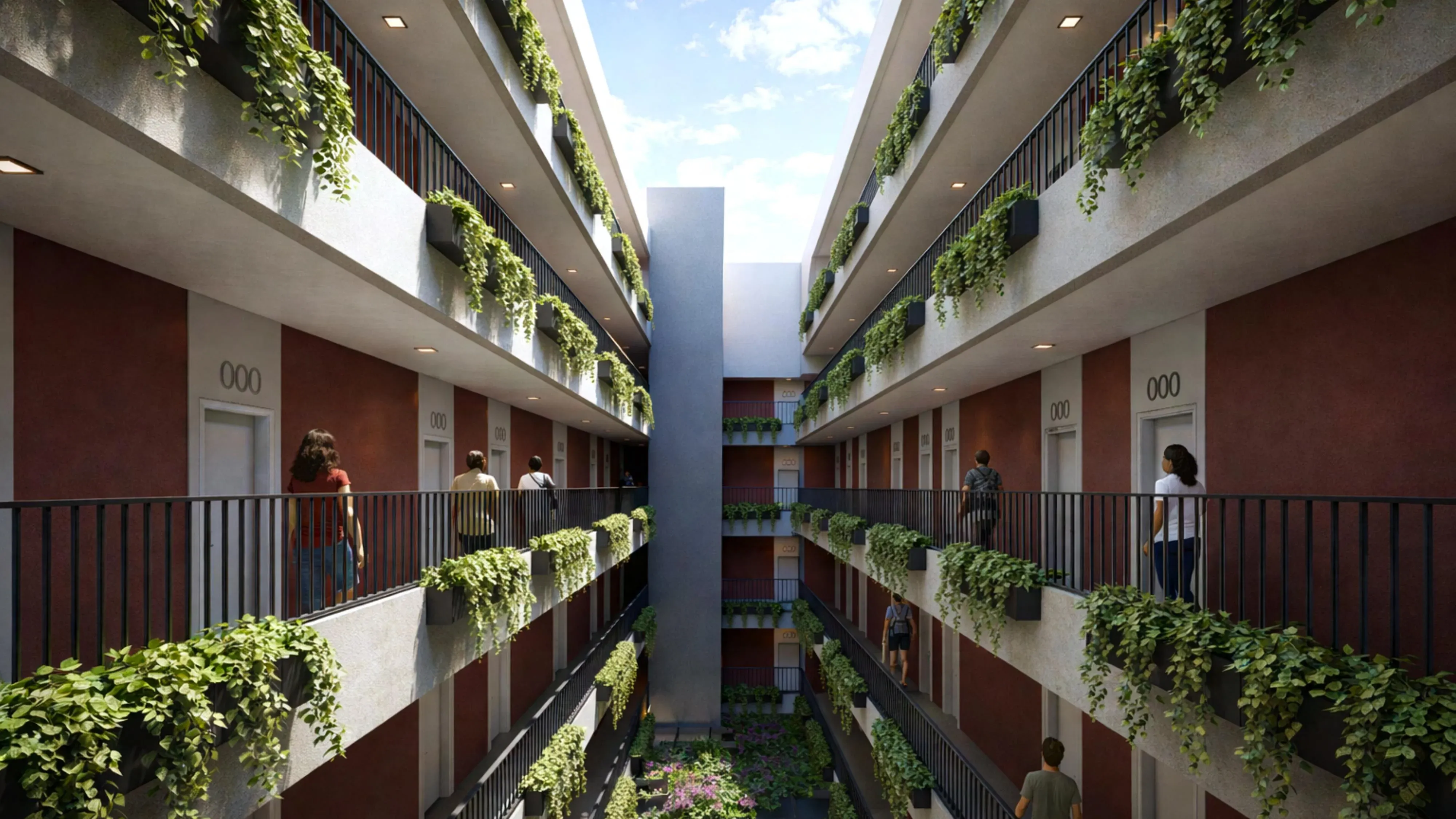 Ondara atrium — front view with floor-by-floor vegetation