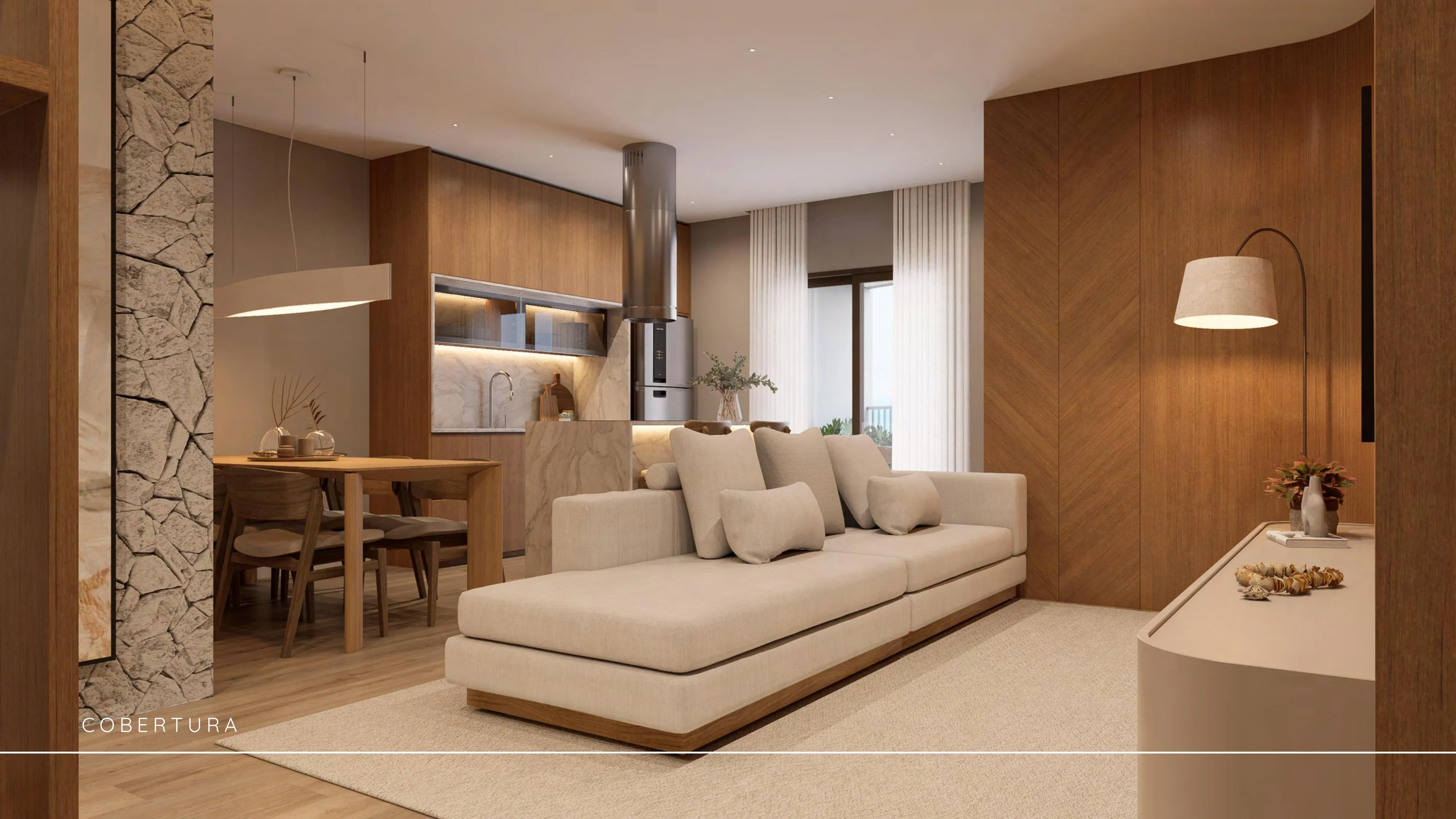 Ondara Penthouse — living room with raw stone and double height