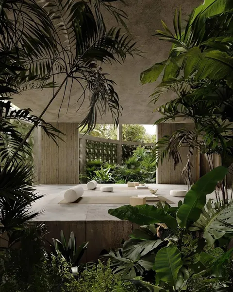 Jardín para meditación rodeado de vegetación