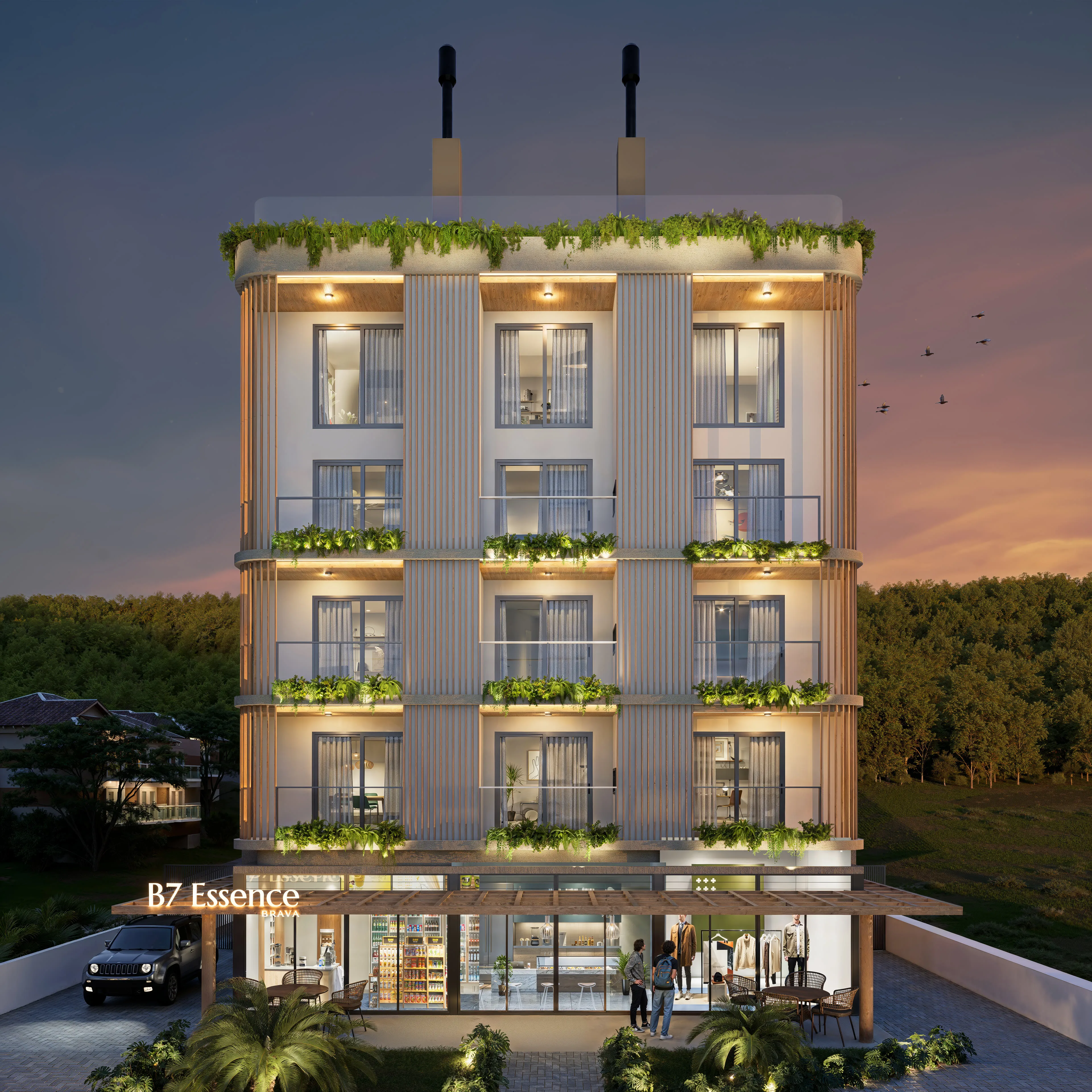 Fachada noturna do B7 Essence Brava em Praia Brava