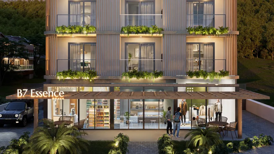 B7 Essence Brava — Night view with ground floor shops
