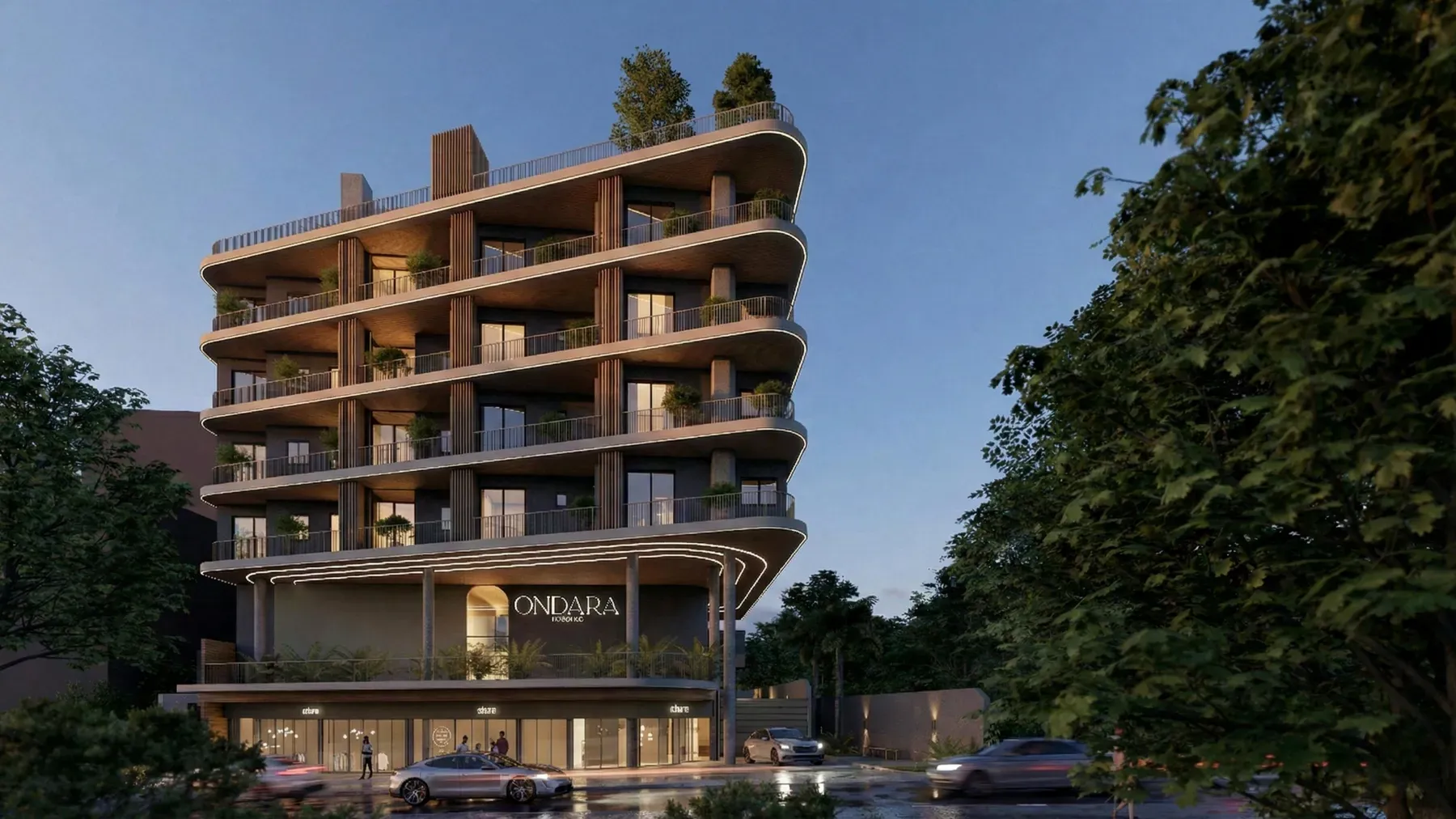 Ondara Residence — illuminated night facade