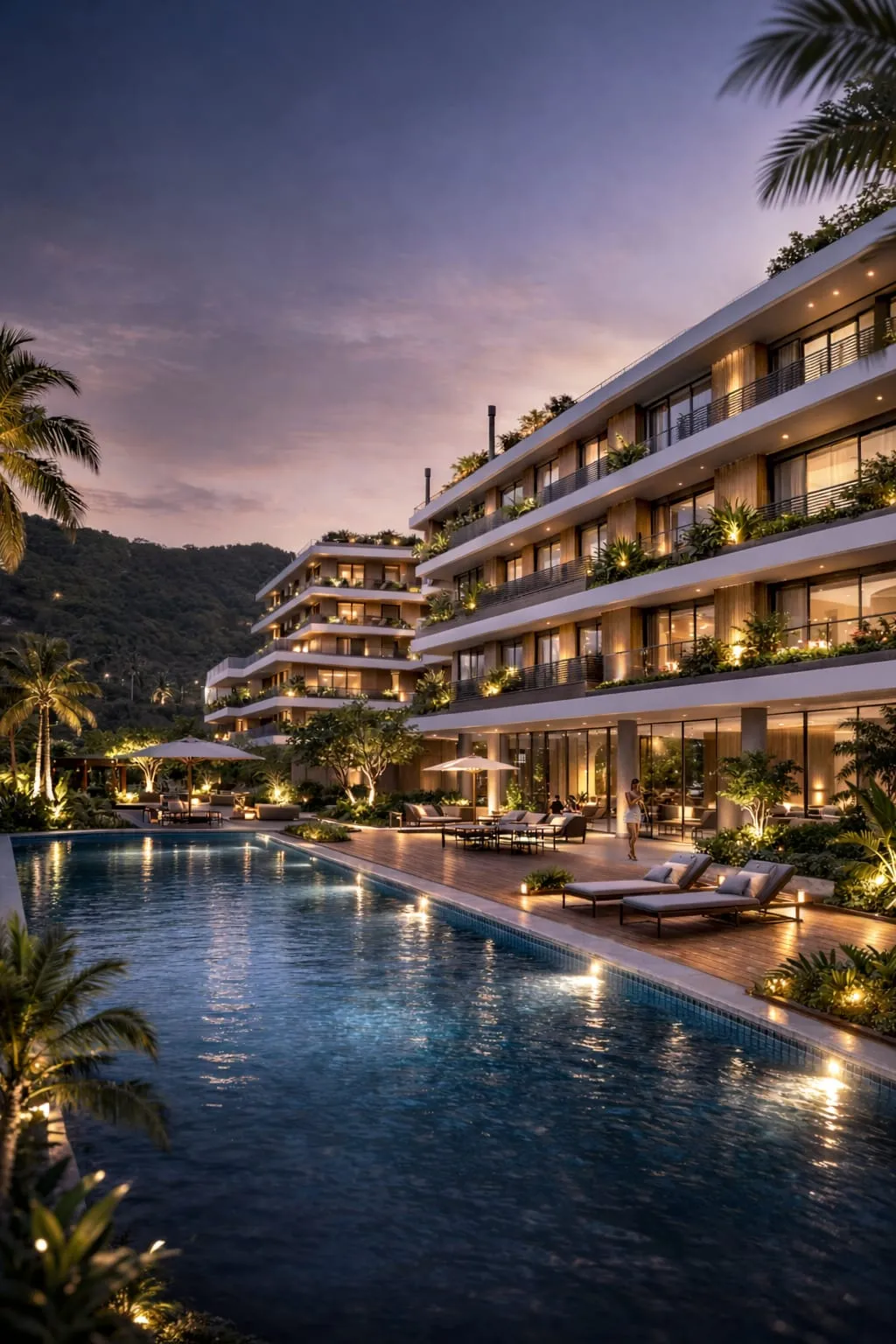 Pileta climatizada de noche en el Terrá Jurerê