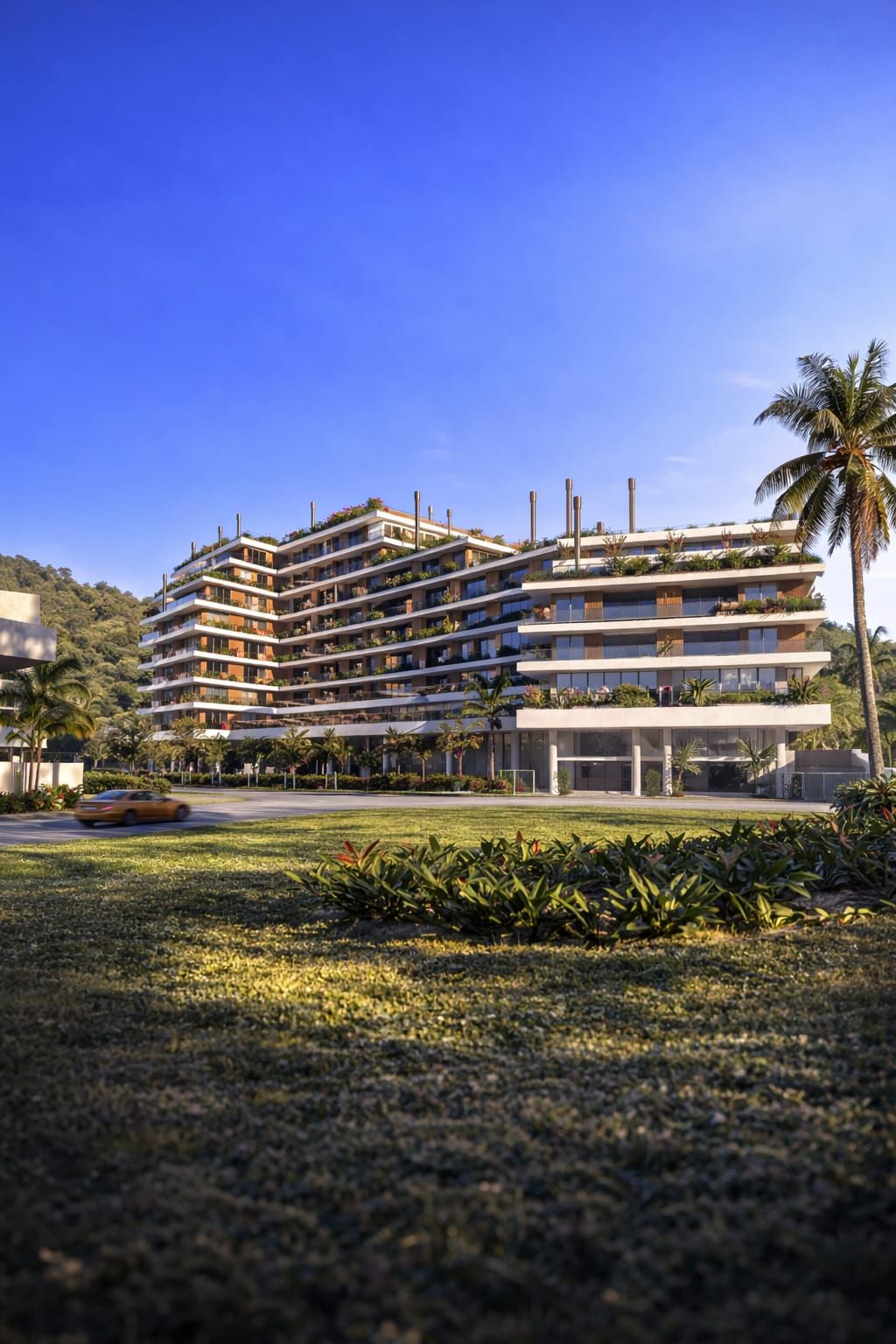 Terrá Jurerê — fachada principal con jardín tropical y palmeras, Jurerê, Florianópolis