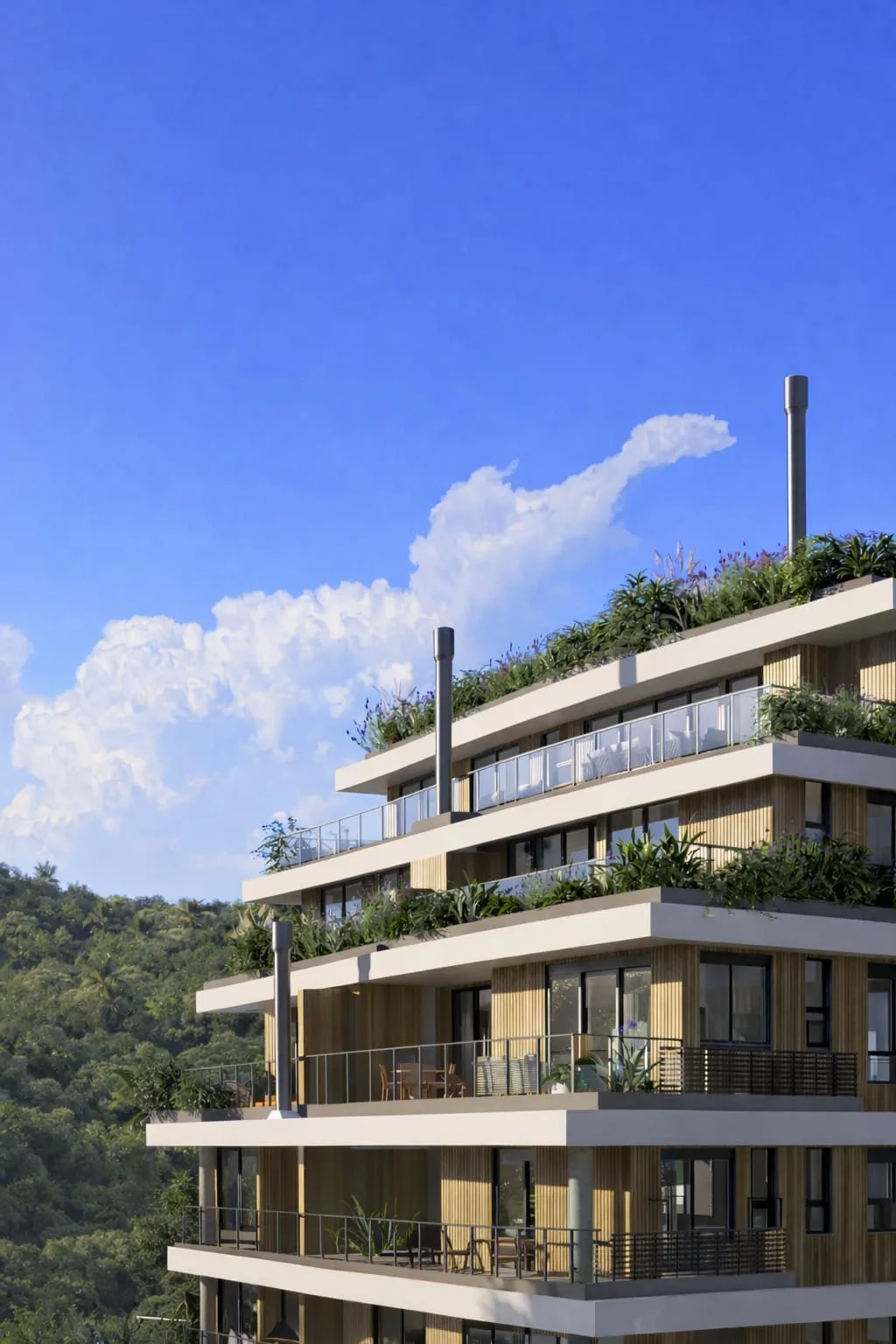 Terrá Jurerê — terrazas verdes biofílicas en todos los pisos de la fachada
