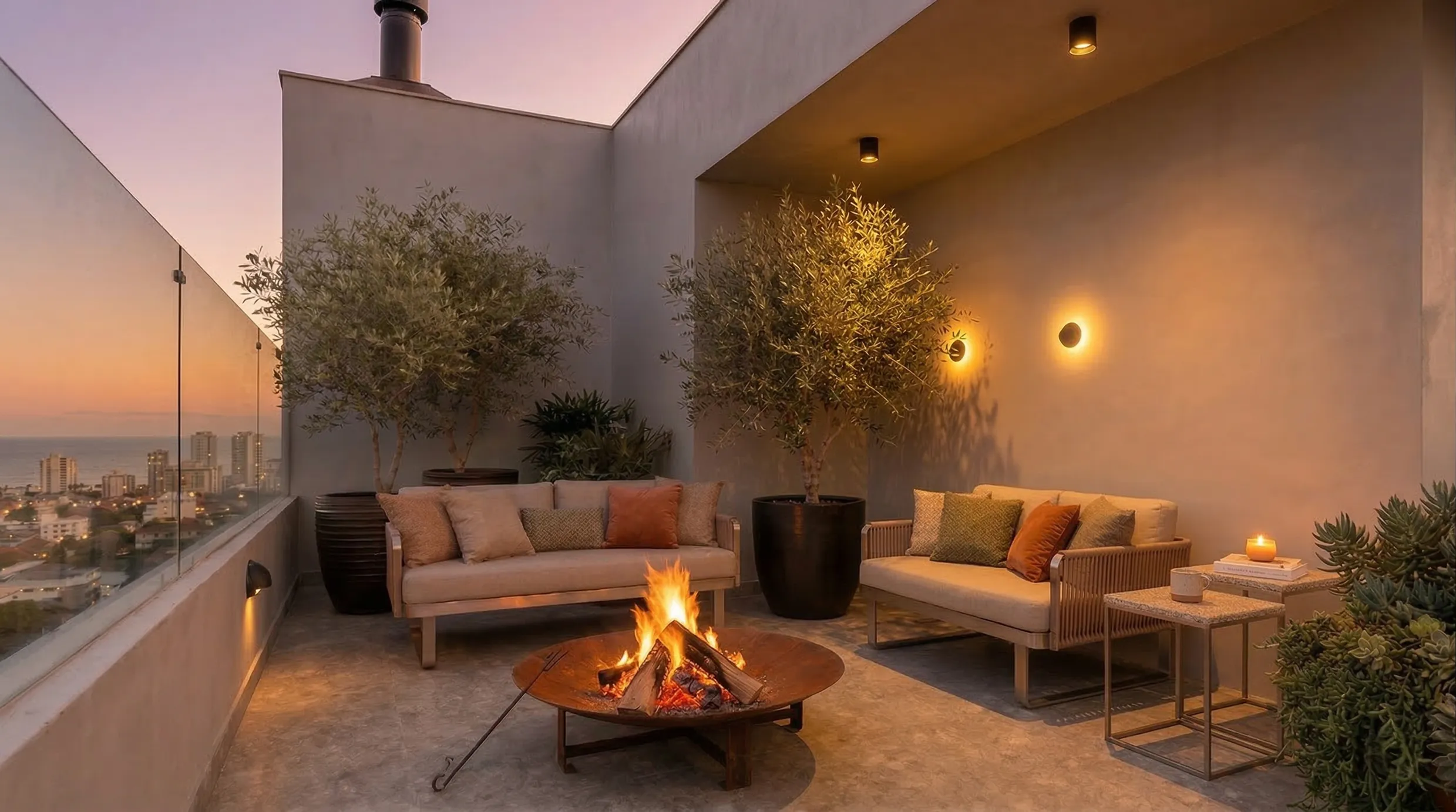Perspectiva ilustrativa del fire place en el rooftop de B7 Stay Agronômica