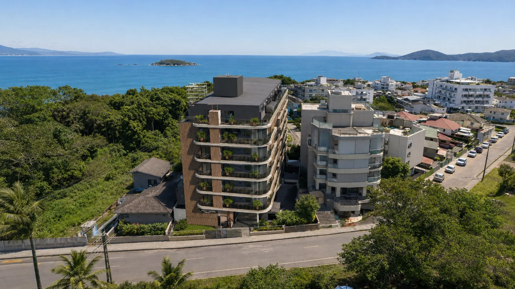 Ondara Residence — vista aérea realista da fachada com o mar de Canajurê ao fundo