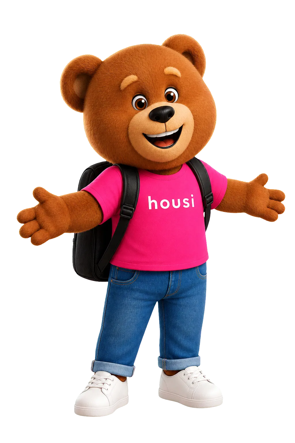 Mascote da Housi com camiseta rosa e mochila