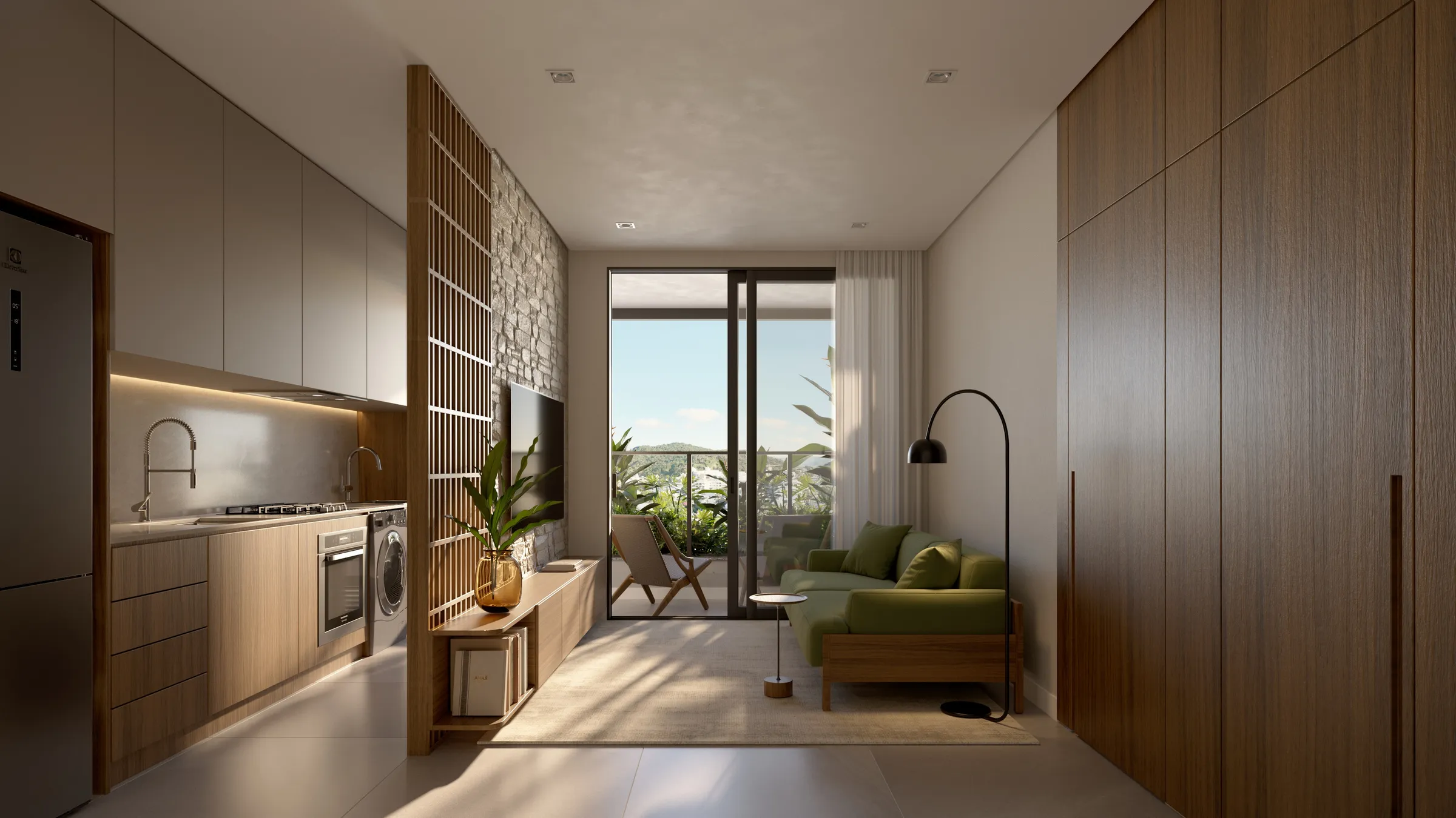 Perspectiva ilustrativa del interior de 1 dormitorio en Terrá Jurerê