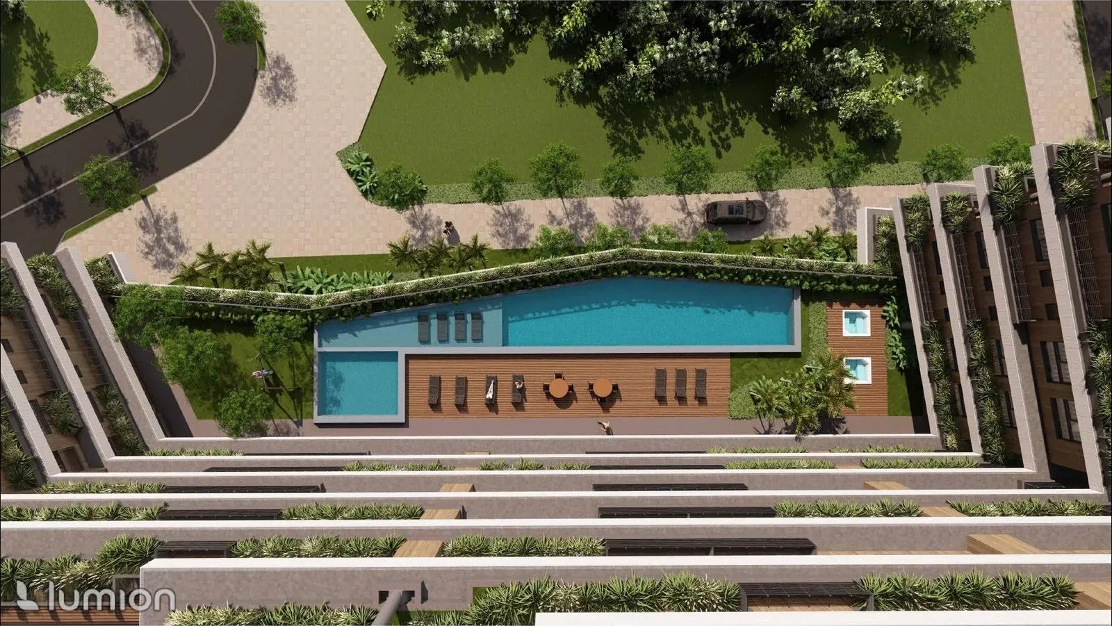 Vista aérea del área de esparcimiento Terrá Jurerê