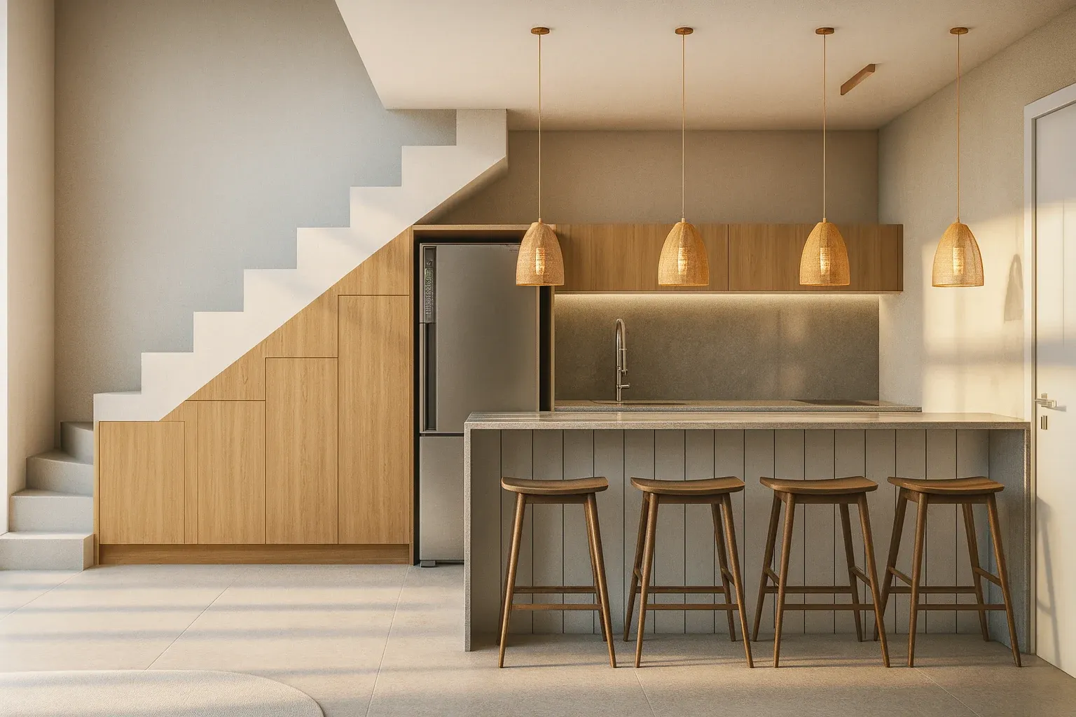 Loft interior — open kitchen and staircase to mezzanine