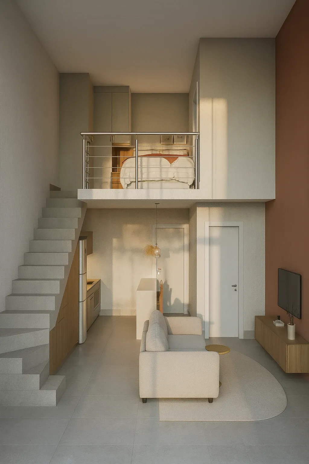 Duplex loft interior — full view with mezzanine and bedroom