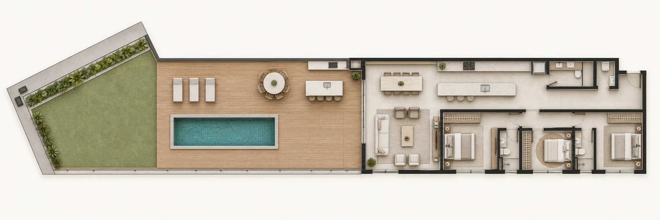 Humanized floor plan of quota 712 with garden and private pool at Terrá Jurerê