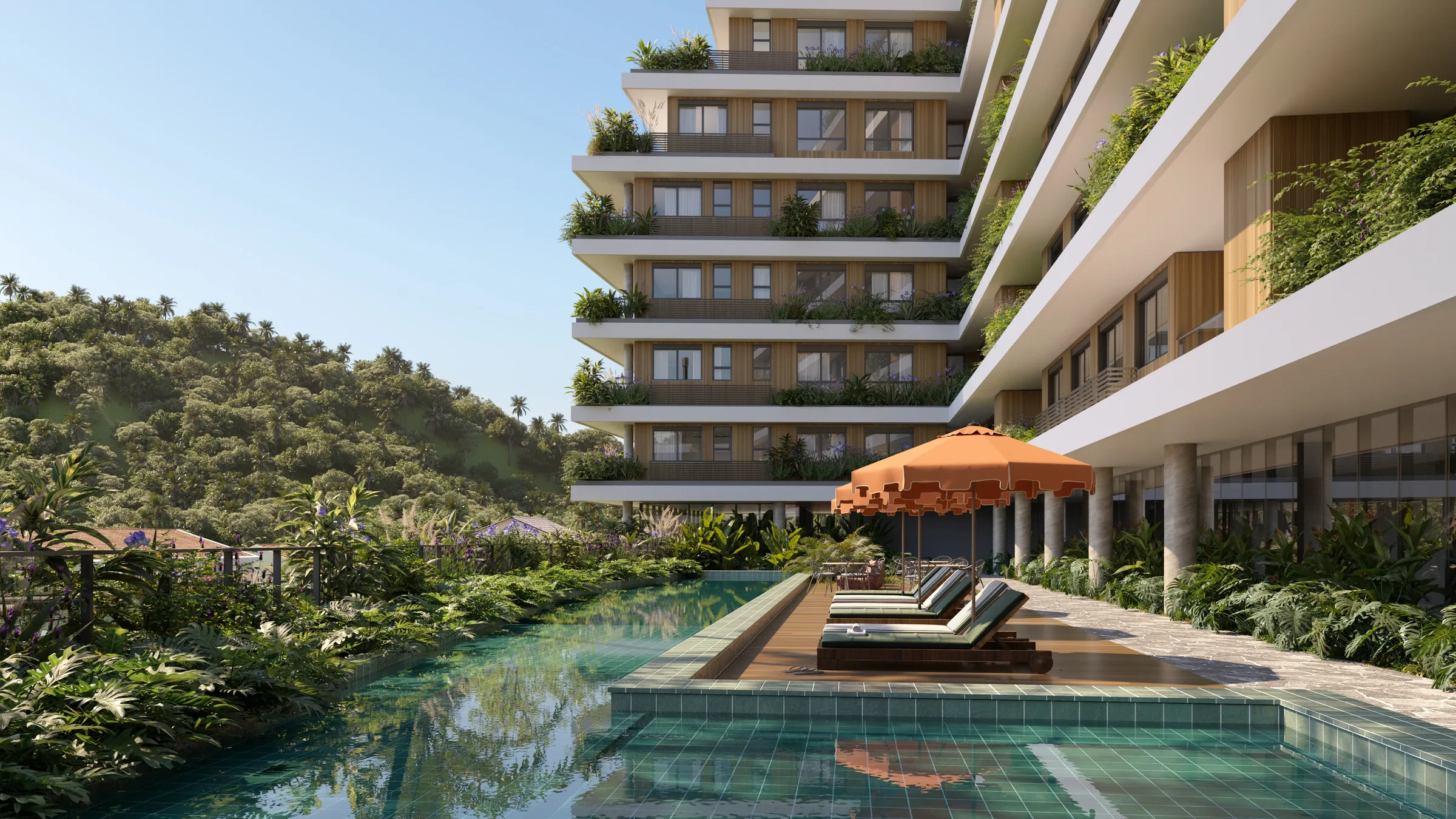Terraço wellness com piscina e paisagismo no Terrá Jurerê